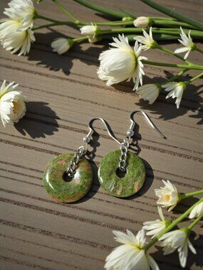Unakite Donut Earrings, Silver Curb Chain, Pierced